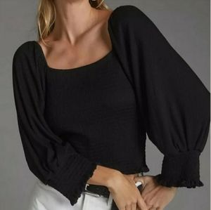 Anthropologie Black Smocked Puff Sleeve Peasant Shirt